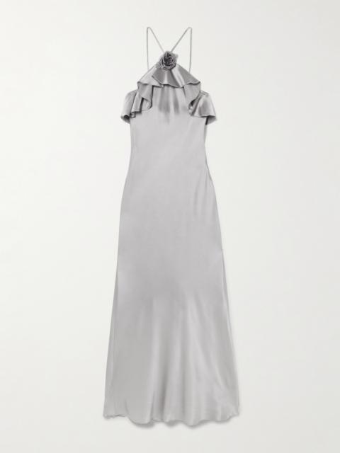 Appliquéd Ruffled Silk-satin Halterneck Midi Dress