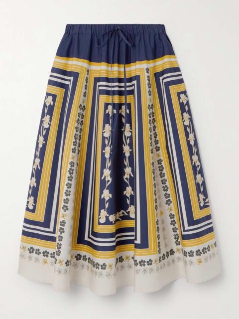 Printed cotton-poplin midi skirt Blue
