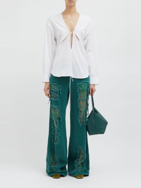 Arboreal Lace-Detailed Distressed Stretch Jeans green