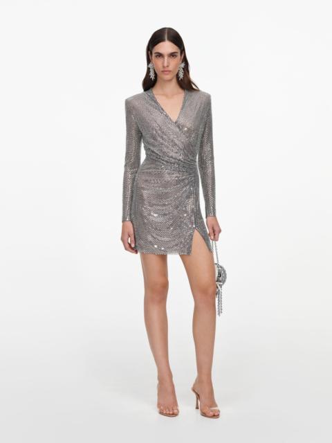 Grey Rhinestone Mesh Wrap Mini Dress