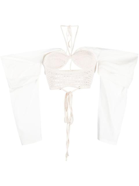 draped-sleeves crochet-knit blouse