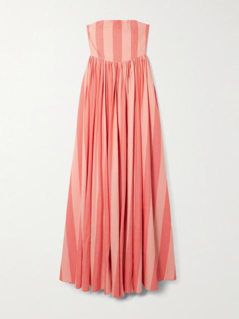 Strapless Gathered Striped Cotton Maxi Dress