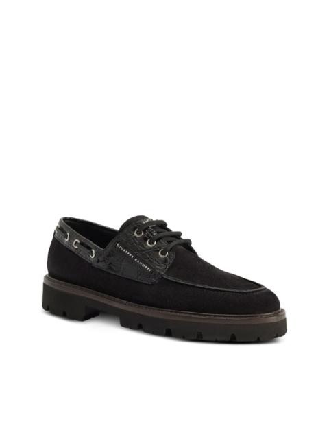 crocodile-effect suede lace-up boat shoes