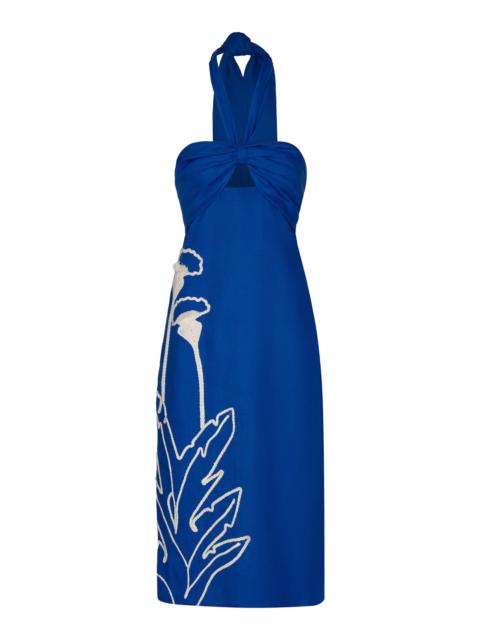 Inoportuna Embroidered Linen Midi Dress blue