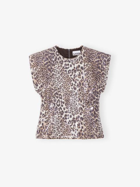 LEOPARD PRINTED STRETCH SEQUINS BLOUSE
