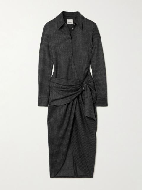 Rosalie draped pinstriped wool and cotton-blend mini dress Dark gray