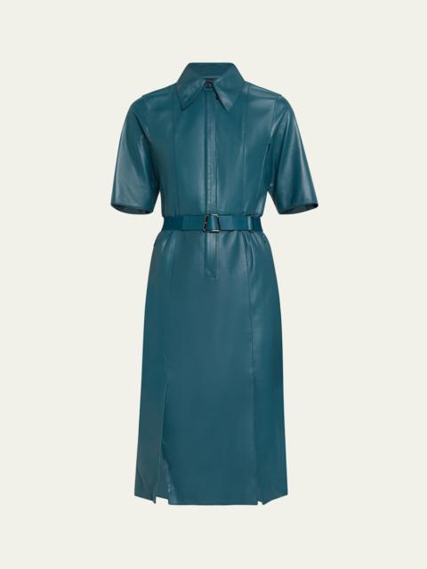 Short-Sleeve Nappa Leather Belted Shirtdress