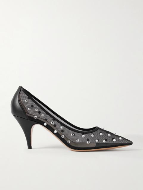 River Iconic Leather-trimmed Crystal-embellished Mesh Pumps