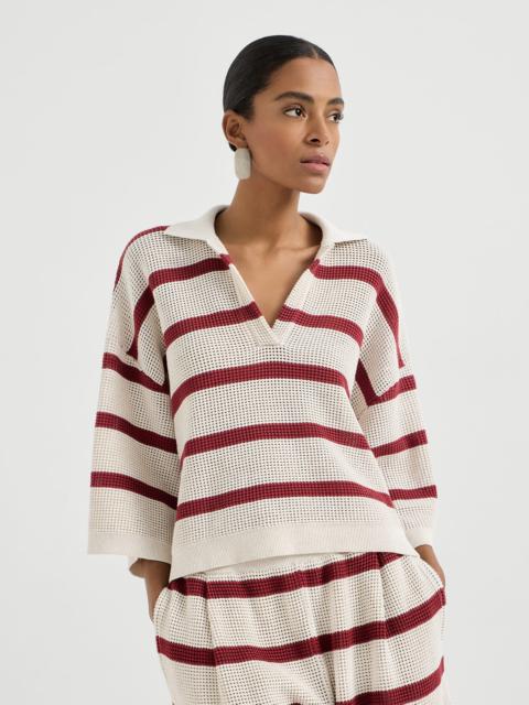 Cotton striped net knit polo shirt