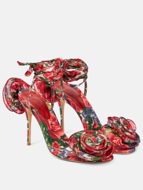 Floral-appliqué satin slingback sandals
