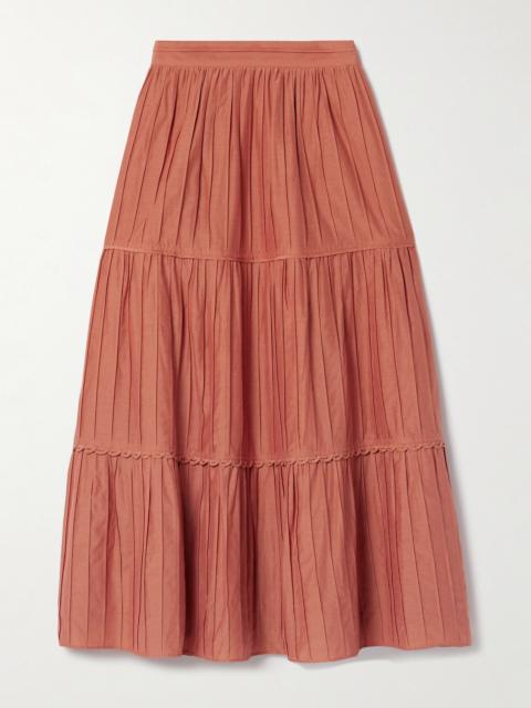 Tiered Pintucked Cotton And Silk-blend Midi Skirt