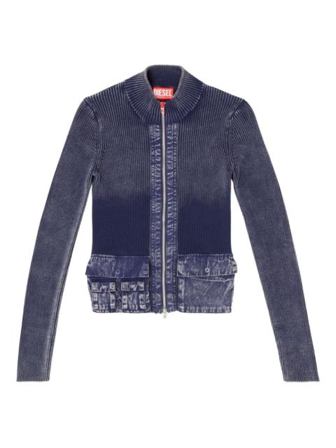 M-Melissa rib-knit denim-pockets cardigan
