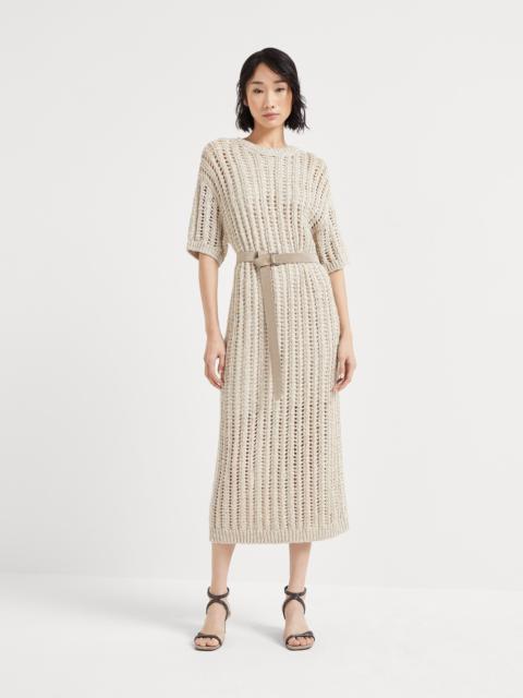 Dazzling silk and linen openwork rib knit dress with suede belt