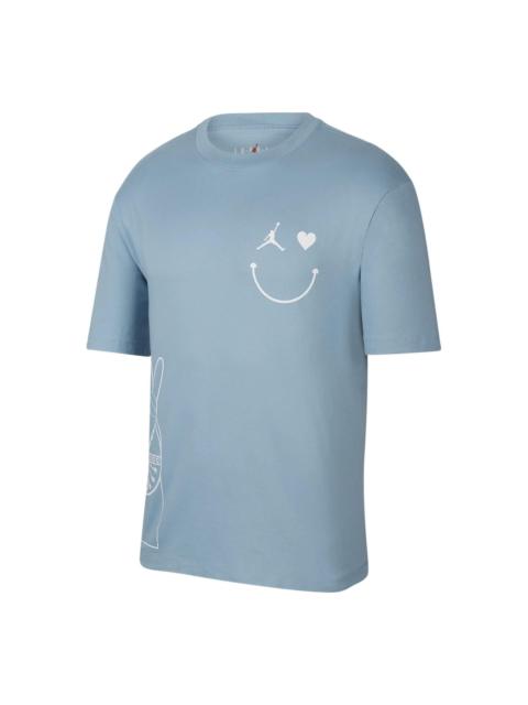 Men's Air Jordan Smiling Face Pattern Logo Printing Round Neck Short Sleeve Blue T-Shirt DZ7637-494