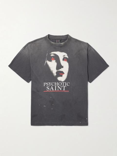 Psychotic Saint Distressed Printed Cotton-Jersey T-Shirt Black