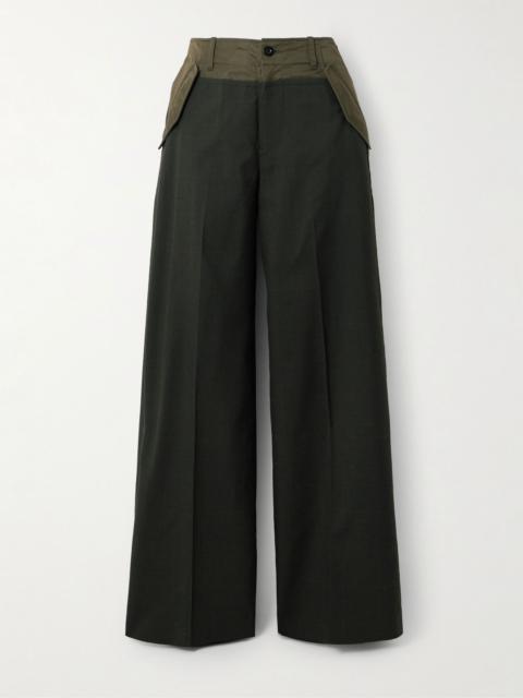 Glen shell-trimmed wide-leg wool pants Army green