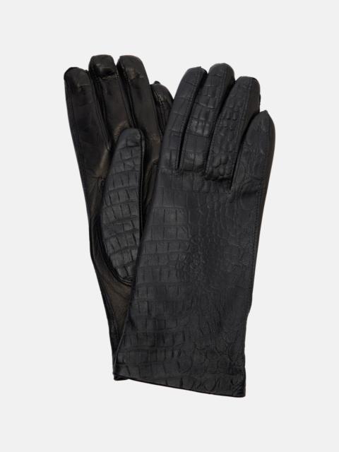 Croc-effect leather gloves