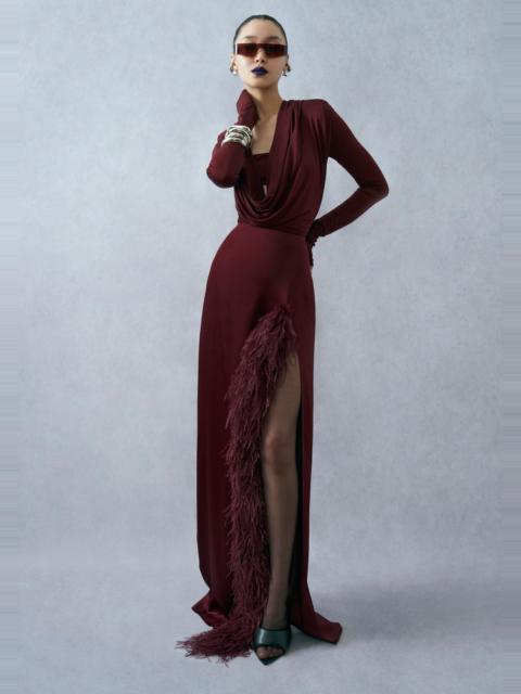 Satin High Waist Slit Maxi Skirt With Feathers