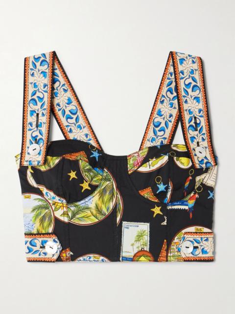 Cropped printed cotton bustier top Black