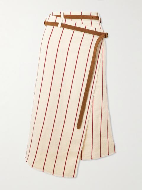 Pareo Belted Striped Linen Midi Wrap Skirt