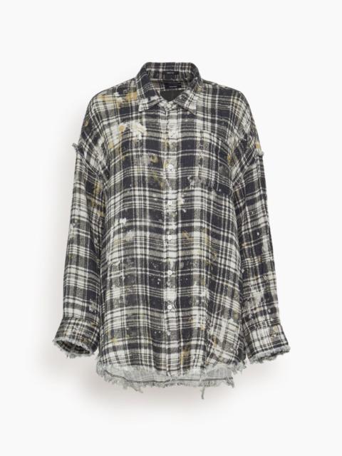 Shredded Seam Drop Neck Shirt in Black Plaid with Splatter
