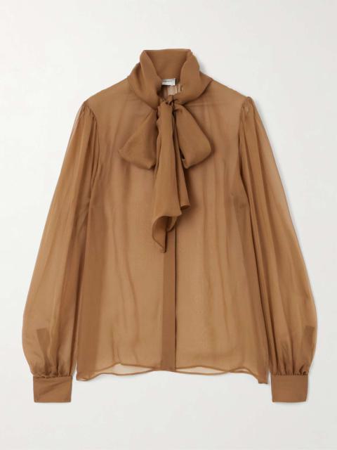 Pussy-bow silk-chiffon blouse Camel