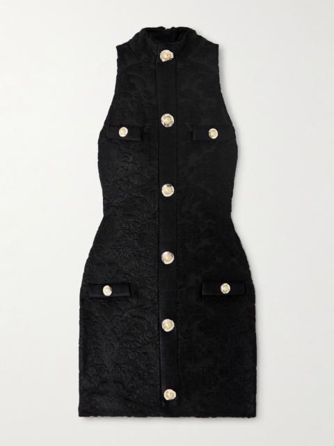 Button-embellished bouclé jacquard-knit mini dress Black