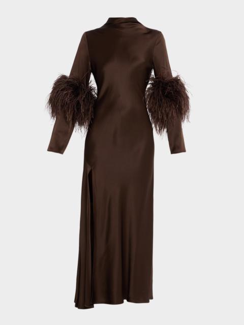 Feather-Trim Satin Maxi Dress