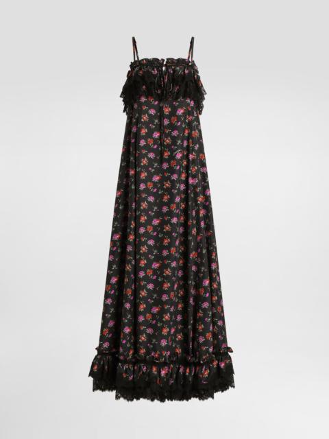 Floral-print habotai long dress