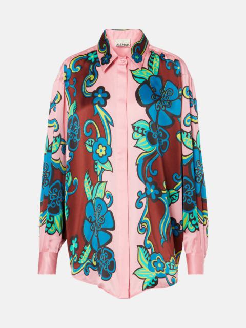 Floral puff-sleeve silk satin shirt
