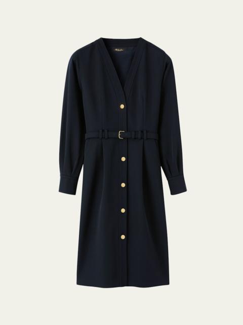 Gladys Button-Front Belted Wool Crepe Dress