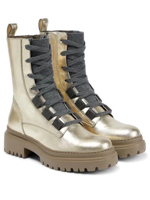 Metallic leather lace-up boots