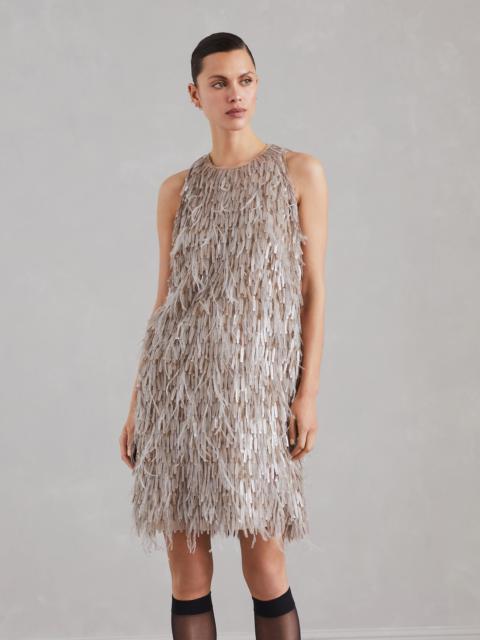 Dazzling cascade embroidery dress in crispy silk with feathers