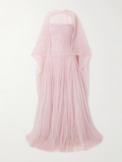 Cape-effect Sequined Plissé-chiffon Gown