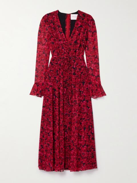 Gathered Floral-print Chiffon Midi Dress