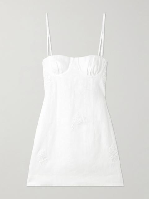 Alessandra gathered embroidered linen mini dress White