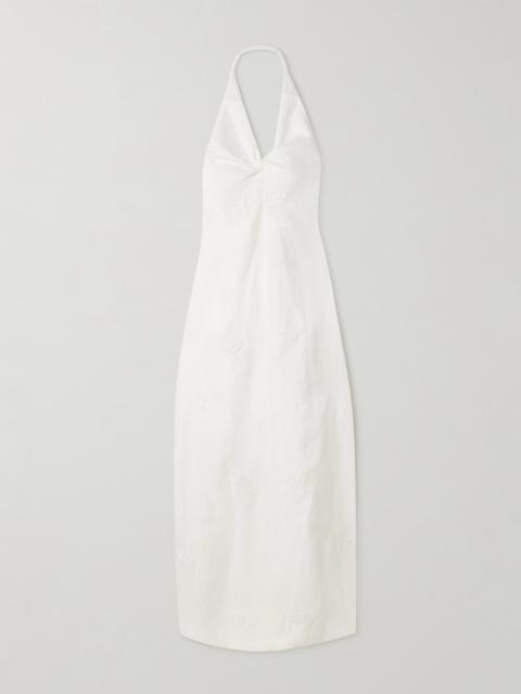 Alessandra Twist-front Embroidered Linen Halterneck Midi Dress