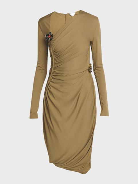 Flower-Applique Long-Sleeve Ruched Matte Crepe Viscose Jersey Dress