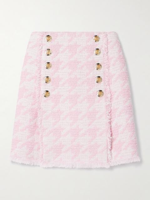 Button-embellished Pleated Checked Cotton-blend Tweed Mini Skirt