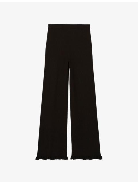 Frilled-Trim Flared-Leg Mid-Rise Stretch-Knit Trousers