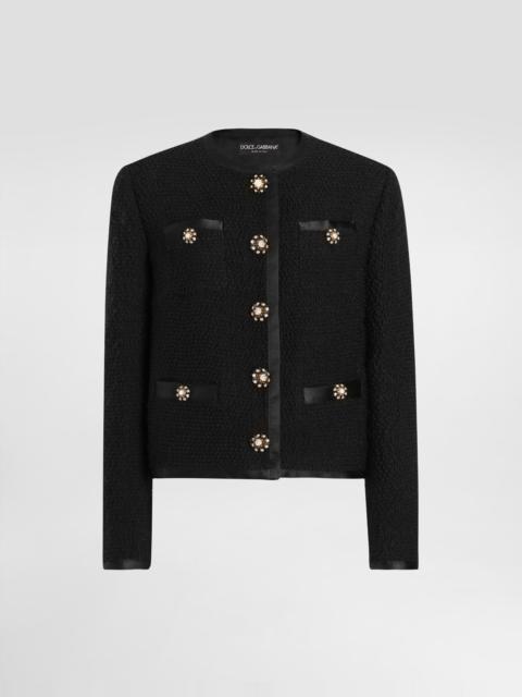Cropped single-breasted bouclé tweed jacket with bejeweled buttons