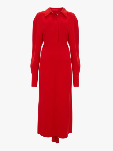 Long Sleeve Polo Collar Midi Dress In Tomato Red