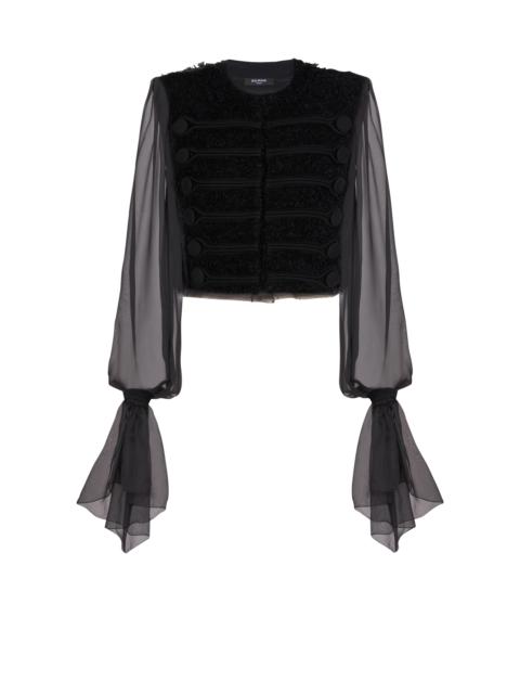 Edge-to-edge tweed and chiffon jacket