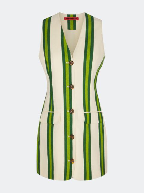 Carob Printed Linen Mini Dress in Cream/Green Stripe