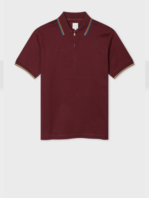 Burgundy Cotton 'Signature Stripe' Trim Zip Polo Shirt