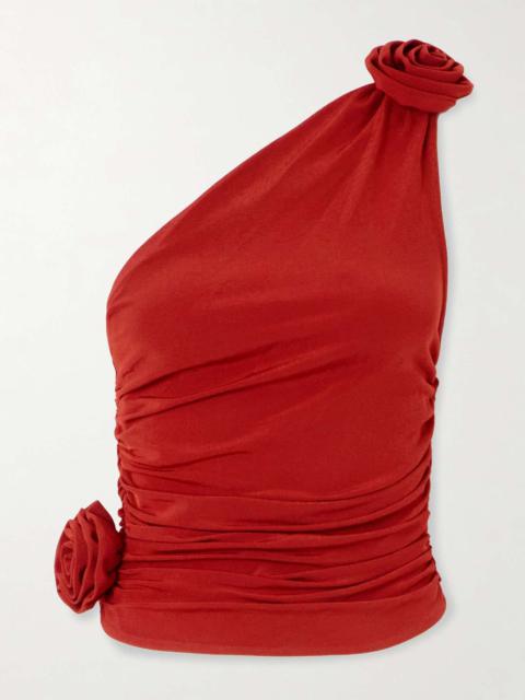 One-shoulder appliquéd ruched jersey top Red