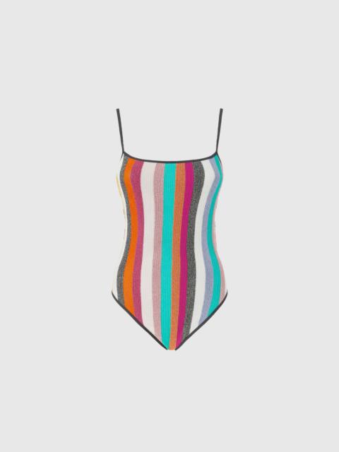 One-piece swimsuit in striped ribbed lamé knit