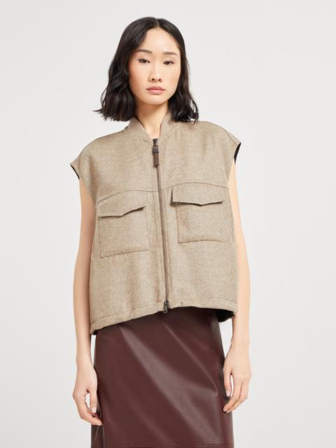 Hand-crafted virgin wool double cloth vest with shiny zipper pull