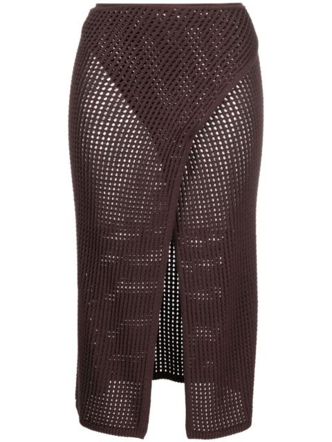 front-slit crochet-knit midi skirt