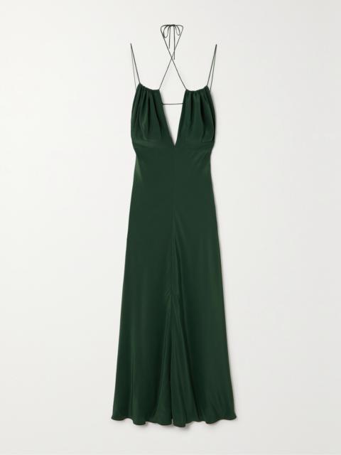 Gathered Hammered Silk-satin Maxi Dress